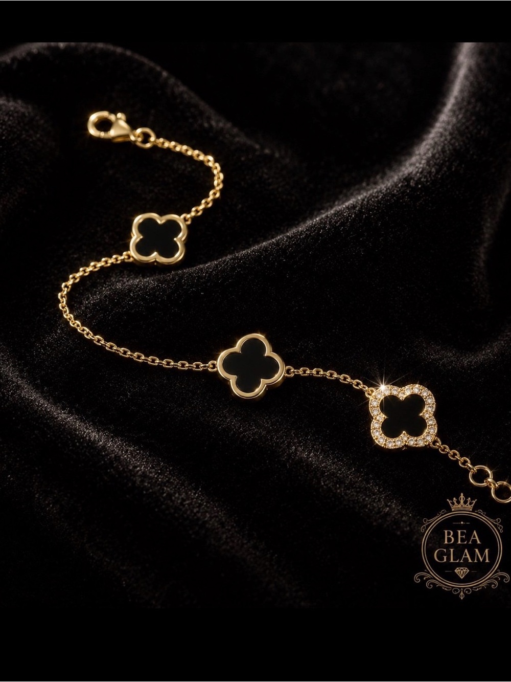 14K Gold Plated Sterling Silver Black Clover Bracelet CZ Clover